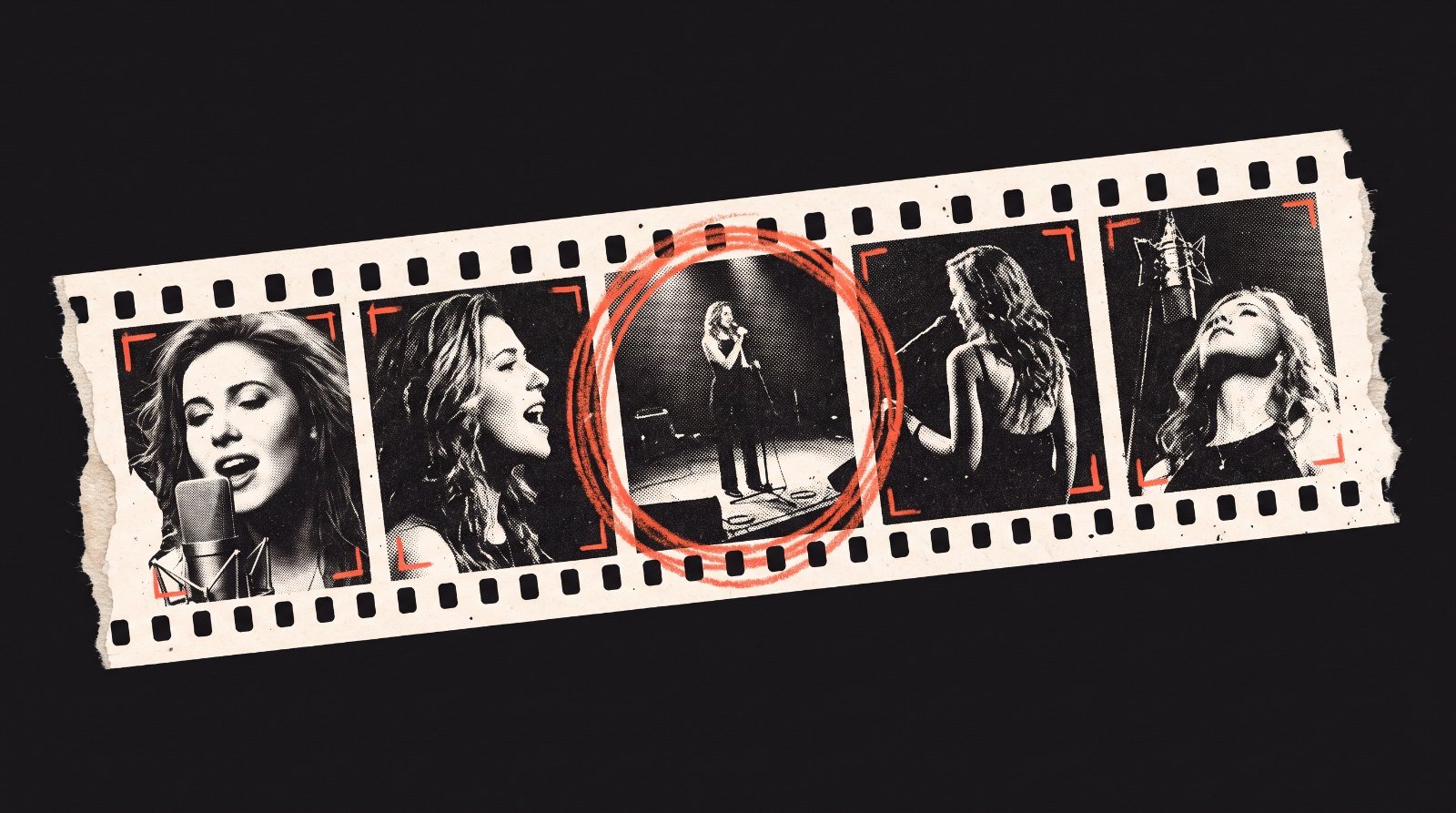 Torn strip of film with five frames of the same singer, one circled in red