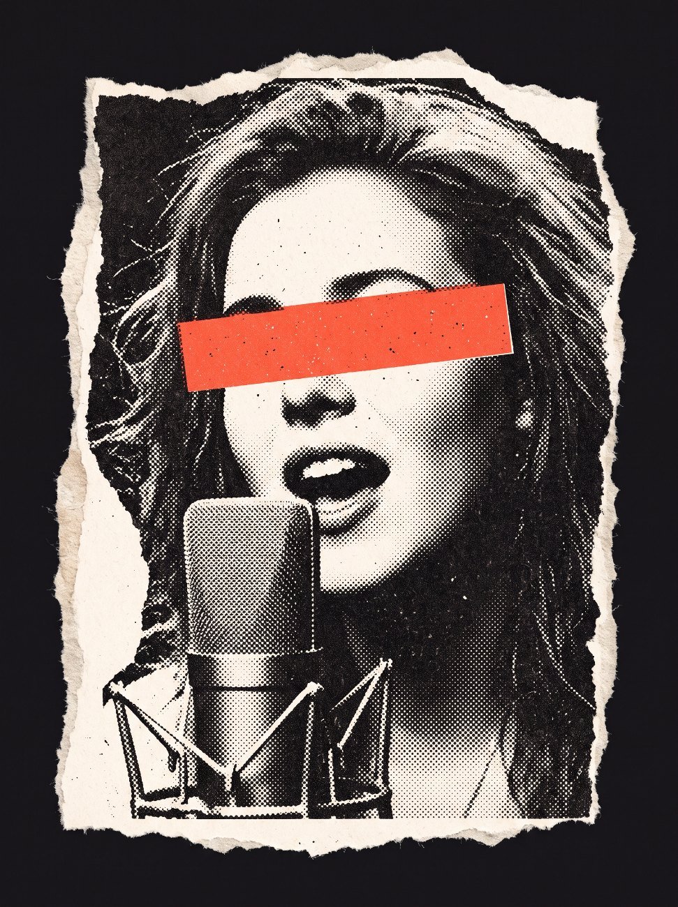 Halftone portrait of a singer at a microphone with a red bar across her eyes